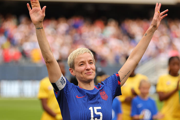 Megan Rapinoe waves to the crowd before her final game on the U.S. national team on Sunday in Chicago.