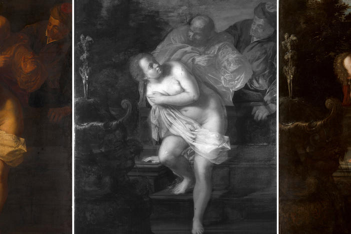 <em>Susanna and the Elders</em>, painted by Artemisia Gentileschi, is seen here in its before-conservation condition; seen through infrared reflectography; and in its restored state.