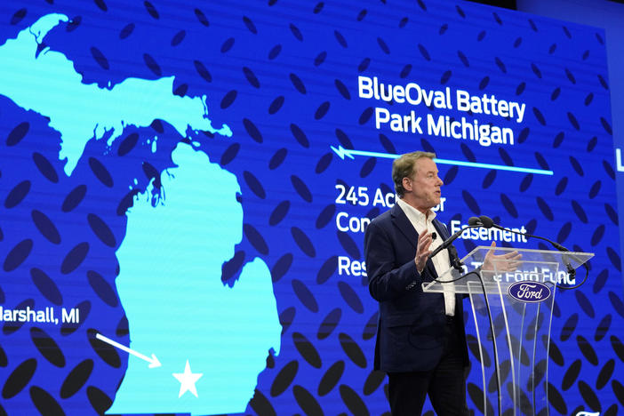 Ford Motor Co. Executive Chairman Bill Ford announces the automaker's new BlueOval Battery Park, Feb. 13, 2023, in Romulus, Mich.