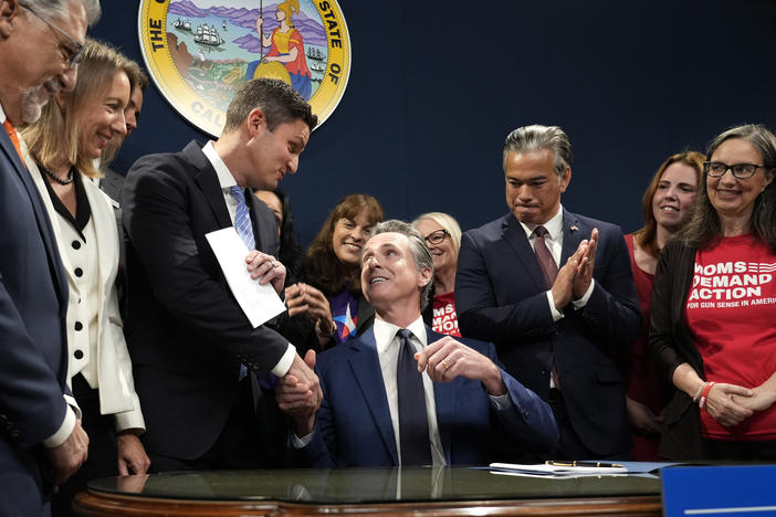 California Gov. Gavin Newsom shakes hands with Assemblymember Jesse Gabriel, D-Los Angeles County, after signing Gabriel's bill that raises taxes on guns and ammunition in Sacramento on Tuesday, Sept. 26, 2023.