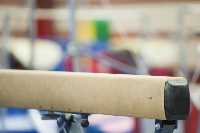 The end section of a balance beam is pictured. The 2022 incident was widely viewed on social media and condemned by many, including U.S. gymnast Simone Biles.
