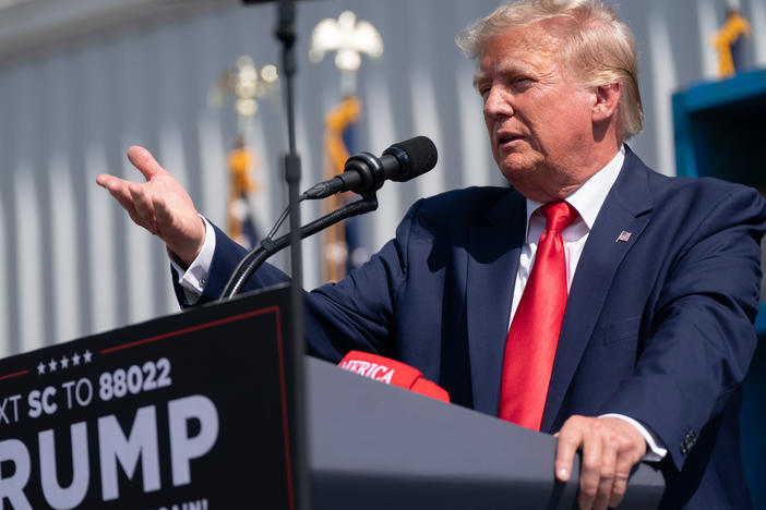 Former President Donald Trump speaks to a crowd during a campaign rally on Sept. 25, 2023 in Summerville, S.C.