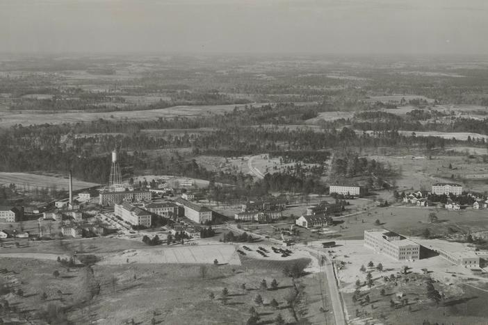 An aerial view of the historic Tuskegee VA hospital campus. It was established in 1923 specifically to treat Black veterans on land donated by nearby Tuskegee Institute, now Tuskegee University.