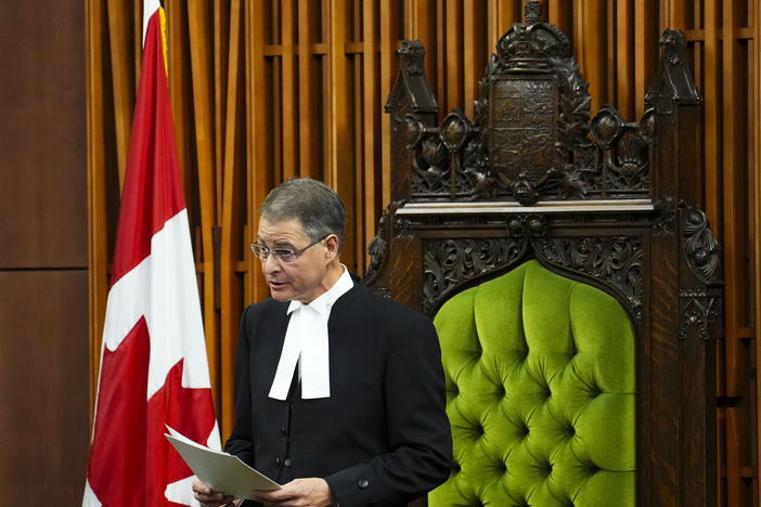 The Speaker of the House of Commons Anthony Rota delivers a speech following an address by Ukrainian President Volodymyr Zelenskyy in the House of Commons on Parliament Hill in Ottawa on Friday, Sept. 22, 2023.