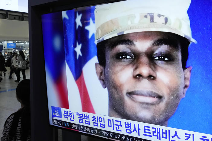 A TV screen shows a file image of U.S. soldier Travis King during a news program at the Seoul Railway Station in Seoul, South Korea, Wednesday. North Korea said Wednesday that it was expelling King, who crossed into the country through the heavily armed border between the Koreas in July.