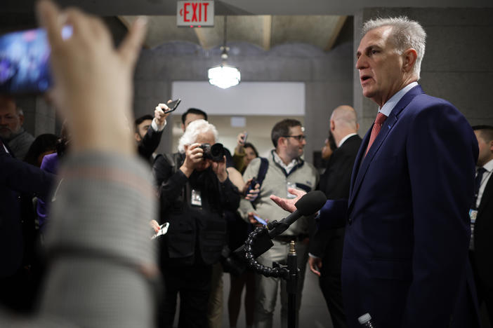 Speaker of the House Kevin McCarthy, R-Calif., talks to reporters following a House Republican caucus meeting at the U.S. Capitol on Wednesday.