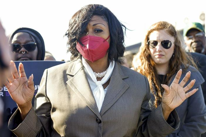 Plaintiff Rhonda Grayson speaks outside of the Muscogee Nation court building after a hearing challenging the Muscogee citizenship board on Thursday, Dec. 1, 2022, in Okmulgee, Okla.