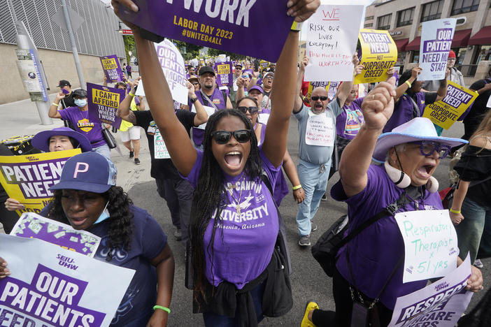 Frontline health care workers hold a demonstration on Labor Day outside Kaiser Permanente Los Angeles Medical Center in Los Angeles, Monday, Sep. 4, 2023.