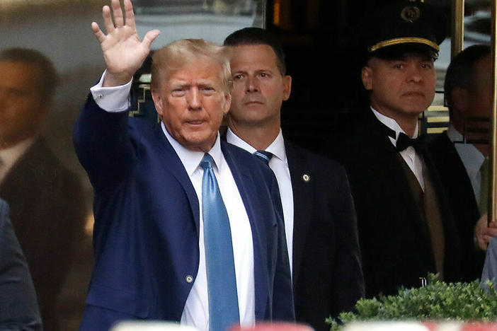 Former President Donald Trump leaves Trump Tower on April 13 in New York City. A trial is set to begin Monday over allegations that Trump and his associates, including some of his children, committed fraud to do business.