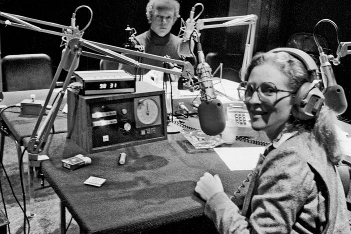Barbara Hoctor Lynch, right, is pictured cohosting <em>All Things Considered</em> with Noah Adams at a studio in a former NPR building in Washington, D.C., during the 1970s.