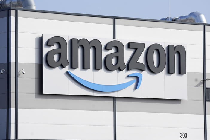 An Amazon company logo marks the facade of a building in Schoenefeld near Berlin, March 18, 2022.