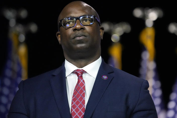 Rep. Jamaal Bowman, D-N.Y., listens to fellow speakers before President Joe Biden speaks on the debt limit during an event at SUNY Westchester Community College, Wednesday, May 10, 2023, in Valhalla, N.Y.