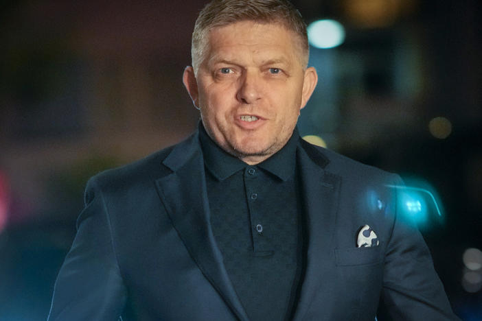 Former Prime Minister Robert Fico arrives to his party's headquarters after polling stations closed for an early parliamentary election, in Bratislava, Slovakia, on Saturday.