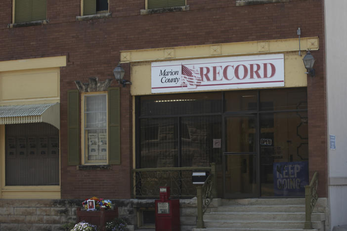 The offices of the Marion County Record weekly newspaper sit across the street from the Marion County, Kan., Courthouse, Aug. 21, 2023, in Marion. The police chief who led the August raid on the small weekly newspaper in central Kansas has resigned, just days after he was suspended from his post, a City Council member confirmed Monday, Oct. 2, 2023.