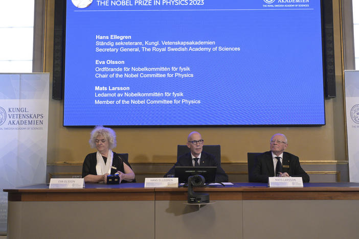 A panel of the Royal Academy of Sciences, in Stockholm, announces the winner of the 2023 Nobel Prize in Physics on Tuesday.