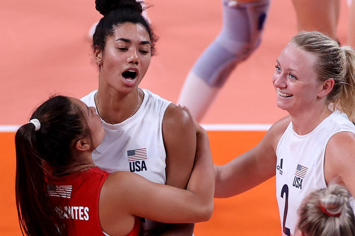 League One Volleyball has signed U.S. Olympians such as (from left) Justine Wong-Orantes, Jordan Thompson and Jordyn Poulter. The three are seen here during the Tokyo 2020 Olympic Games, where they won gold.