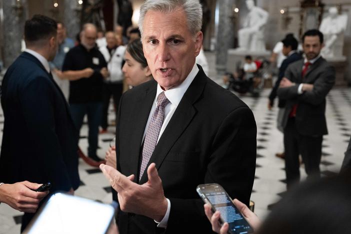 U.S. House Speaker Kevin McCarthy, R-Calif., speaks to reporters at the U.S. Capitol on Monday.