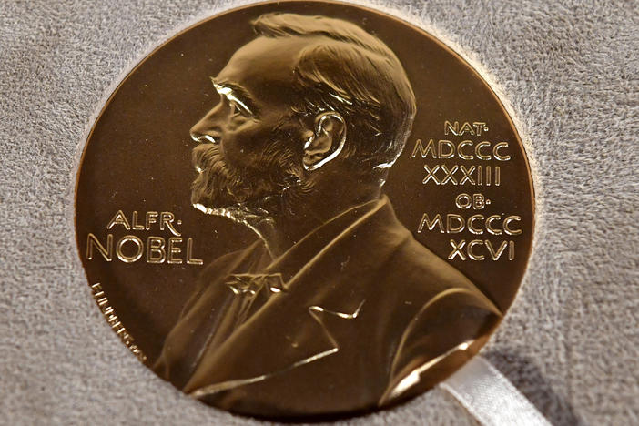 A file photo of a Nobel medal displayed during a ceremony in New York in 2020.