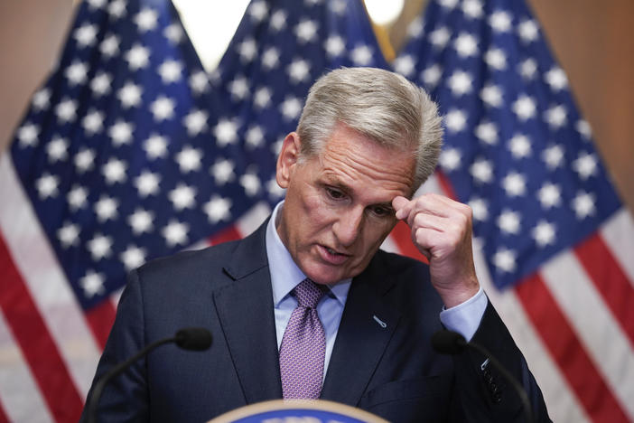 Rep. Kevin McCarthy, R-Calif., speaks to reporters hours after he was ousted as speaker of the House on Tuesday.