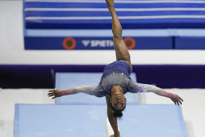 Simone Biles of the United States competes on the beam during the women's team final at the Artistic Gymnastics World Championships in Antwerp, Belgium, on Wednesday.