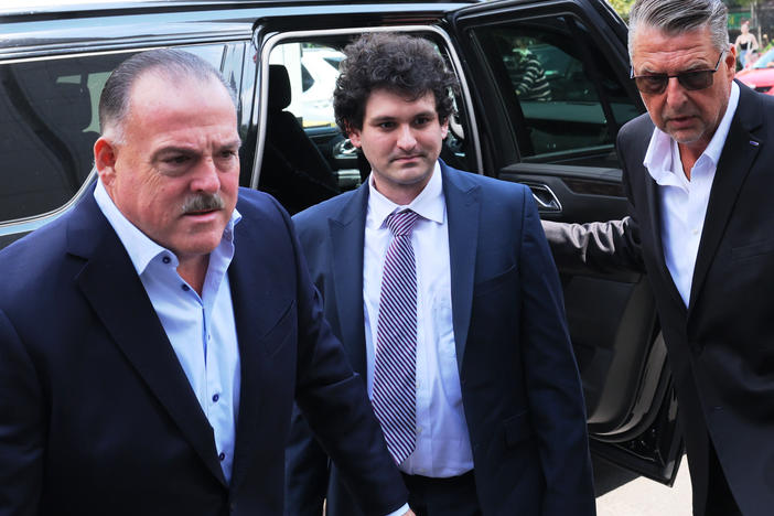 Former FTX CEO Sam Bankman-Fried arrives for a bail hearing at Manhattan Federal Court on August 11, 2023 in New York City.