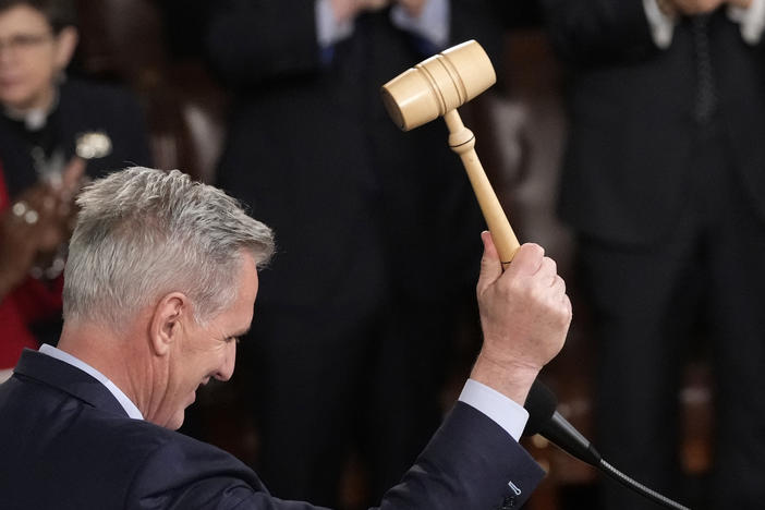 Kevin McCarthy of Calif., then the newly elected speaker of the House, picks up the gavel as he begins to speak in the House chamber on Jan. 7.