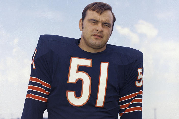 Chicago Bears linebacker Dick Butkus poses for a photo in 1970. Butkus, a fearsome middle linebacker for the Bears, has died, the team announced Thursday, Oct. 5, 2023. He was 80. According to a statement released by the team, Butkus' family confirmed that he died in his sleep overnight at his home in Malibu, Calif.