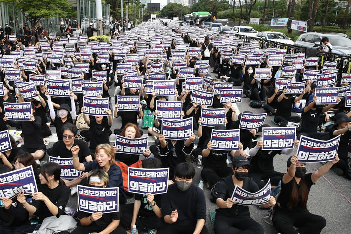 South Korean teachers participate in a rally in front of the National Assembly on Sept. 4, 2023 in Seoul, South Korea. School teachers rallied to mourn the recent suicide deaths of fellow teachers distressed by disgruntled parents and unruly students, and to call for measures to prevent such tragedies.