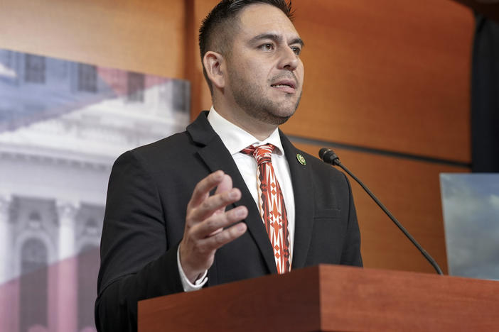 Rep. Gabe Vasquez, D-N.M., speaks during a Capitol Hill news conference on June 15. On Friday, a New Mexico state judge ruled against a Republican Party challenge of congressional boundaries approved by Democrats that divvied up a politically conservative region.