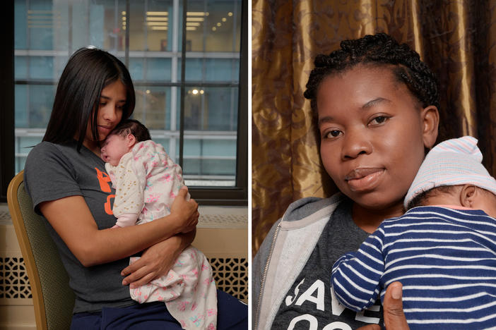 (Left) Daríana Perdigón, originally from Venezuela, and her newborn Dariangelys and (Right) Magdala Ciceron with her child Amaya, pose for portraits in the maternity care unit at the Roosevelt Hotel's medical clinic.