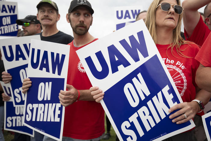 UAW members strike at the General Motors Lansing Delta Assembly Plant in Lansing, Mich., on Sept. 29, 2023.