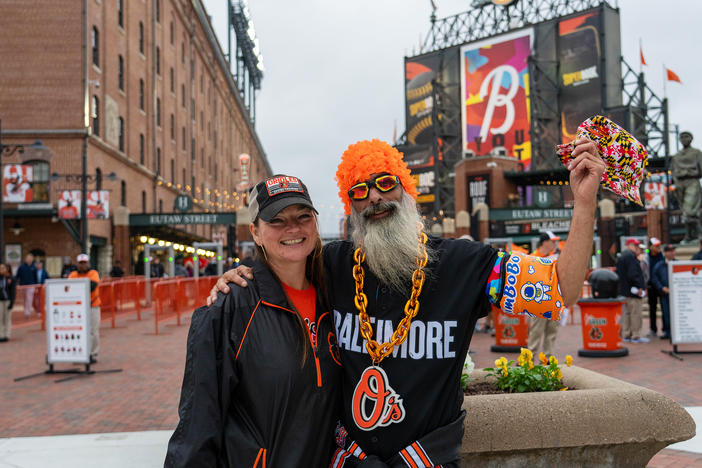 Claire Sanford and Chad Richhart have been coming to see the Baltimore Orioles since 1992. They came dressed for the bird bath, a splash zone seating area for fans at Camden Yards.