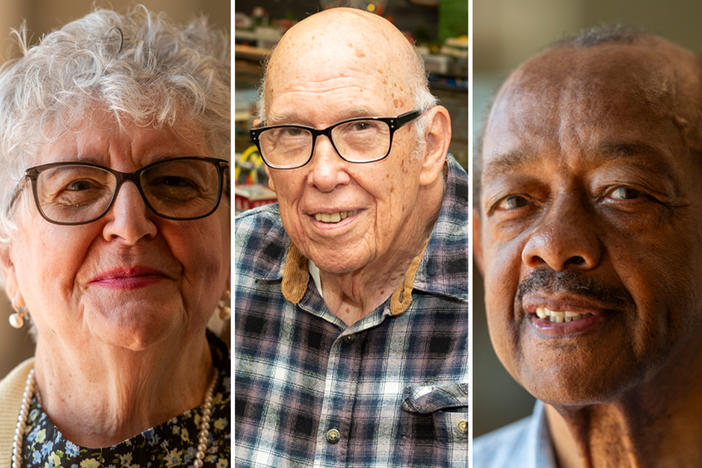<strong>Left to right:</strong> Rosalie Bablak, 86; David Reckless, 88; John Fuller, 81 at Passavant Community Abundant Life Center in Zelienople, Pa., on Sep. 21, 2023.