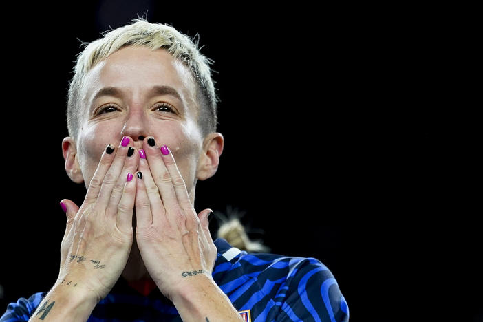 OL Reign forward Megan Rapinoe blows a kiss during a ceremony honoring her career, after the team's NWSL soccer match against the Washington Spirit on Friday, Oct. 6, 2023, in Seattle. The Spirit and the Reign played to a scoreless draw in Rapinoe's final regular-season home game before her retirement at the end of the season.