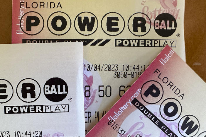 Powerball lottery tickets are displayed Oct. 4, 2023, in Surfside, Fla.