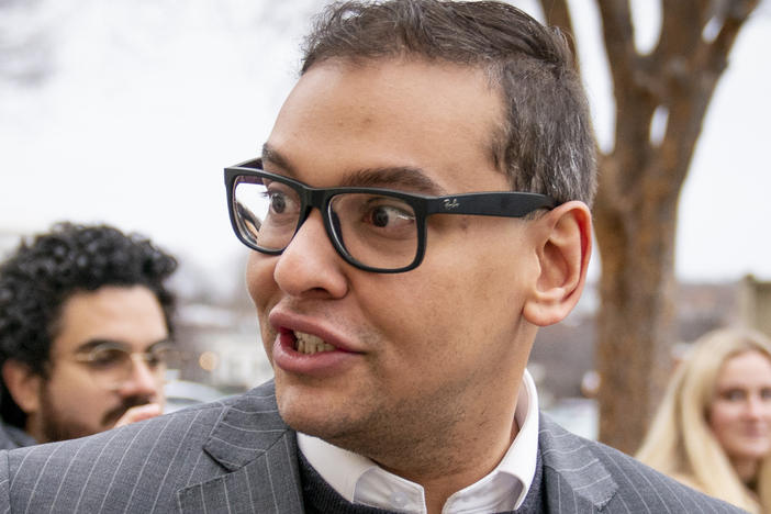 Rep. George Santos, R-N.Y., leaves a House GOP conference meeting on Capitol Hill in Washington, Jan. 25, 2023.