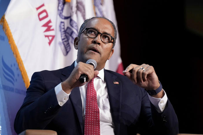 Republican presidential candidate Will Hurd speaks at the Iowa Faith and Freedom Coalition's banquet, Sept. 16, 2023, in Des Moines, Iowa.