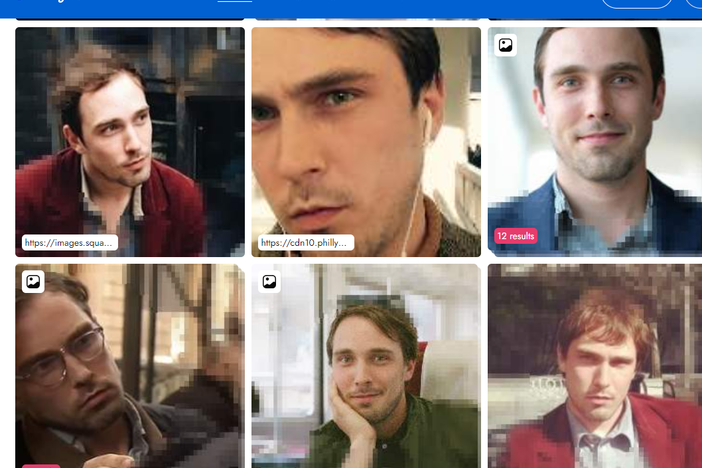 An example of the photos surfaced by PimEyes when a photo of author Bobby Allyn was uploaded to the site. Some of the photos are easily found from a Google search. But even the person depicted in the photo didn't know some of these images existed online.