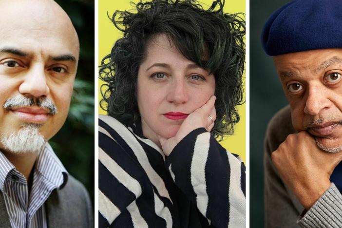 Héctor Tobar, left, author of <em>Our Migrant Souls: A Meditation on Race and the Meanings and Myths of "Latino," </em>Ariel Aberg-Riger, author of <em><em>America Redux: Visual Stories From Our Dynamic History </em></em>and James McBride, author of <em>The Heaven & Earth Grocery Store.</em>