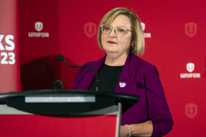 Lana Payne, Unifor national president is shown speaking during a news conference, Aug. 29, 2023, in Toronto.