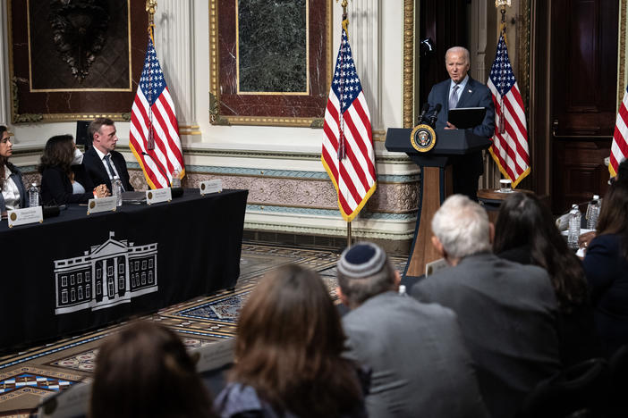 President Biden addressed Jewish community leaders at the White House Wednesday, in a meeting led by Second Gentleman Douglas Emhoff, the first Jewish spouse of any U.S. president or vice president.
