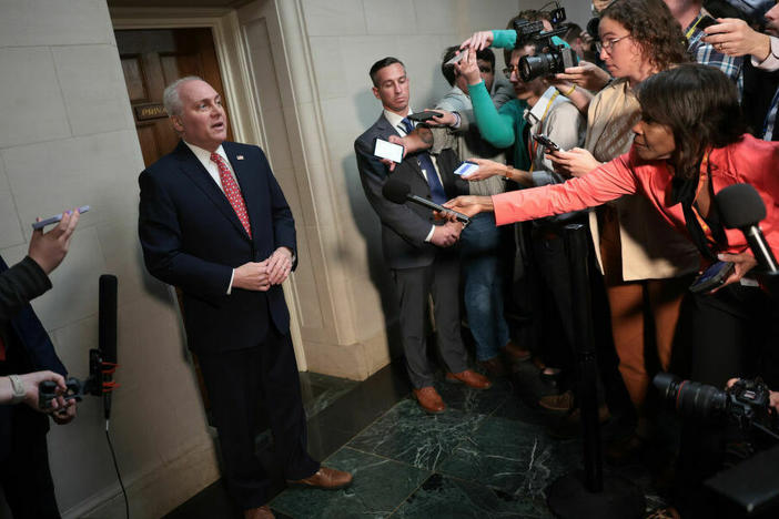 House Majority Leader Steve Scalise, who along with Rep. Jim Jordan is vying for the speakership, talks to the media Tuesday.