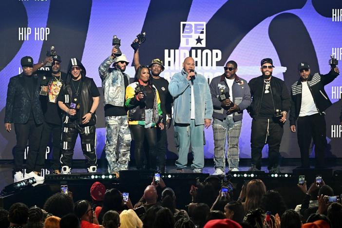 (L-R) Marley Marl, Technician the DJ, Kid Capri, Swizz Beatz, DJ Spinderella, DJ Jazzy Jeff, Fat Joe, DJ Holiday, DJ Drama, Timbaland and Kool DJ Red Alert accept award onstage during the BET Hip-Hop Awards 2023 on October 03, 2023 in Atlanta, Ga.