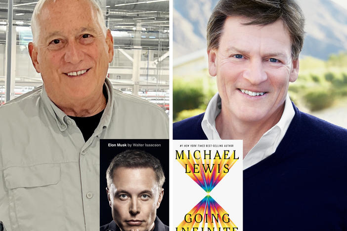 Walter Isaacson, left, and Michael Lewis are authors and friends from New Orleans. Their new books are about billionaire Elon Musk and fallen crypto executive Sam Bankman-Fried respectively.