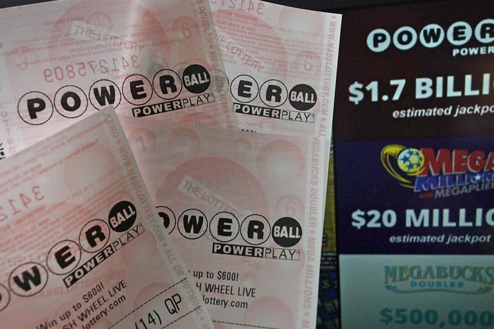 Powerball tickets are shown at a lottery agent, Tuesday, Oct. 10, 2023, in Haverhill, Mass.