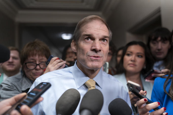 Rep. Jim Jordan, R-Ohio, chairman of the House Judiciary Committee, talks with reporters as House Republicans meet again behind closed doors to find a path to elect a new speaker on Friday.