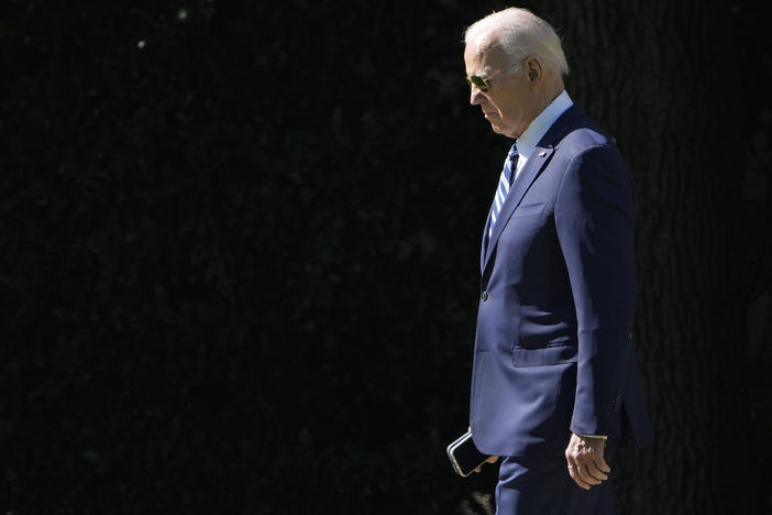 President Biden walks toward Marine One on the South Lawn of the White House on Fri., Oct. 13, 2023.