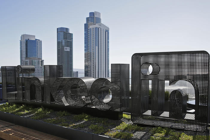 A sculpture is seen on a terrace outside the offices of LinkedIn Thursday, Sept. 22, 2016, in San Francisco.