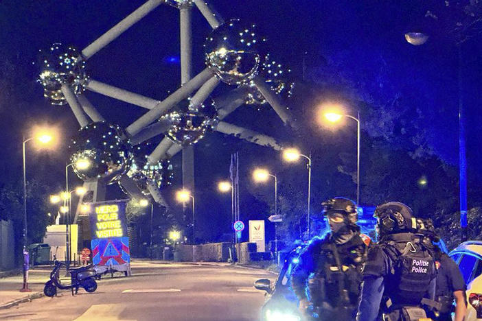 Police patrol outside the King Baudouin Stadium, after a match between Belgium and Sweden was suspended, after a shooting in the center of Brussels, Monday, Oct. 16, 2023.