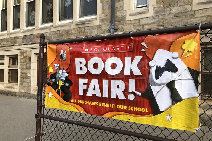 A Scholastic Book Fair banner pictured outside a school in Queens, New York.